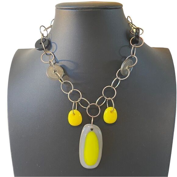 Hand blown Yellow & Gray Glass Beaded Artisan Made & Created Statement Necklace - Picture 1 of 6